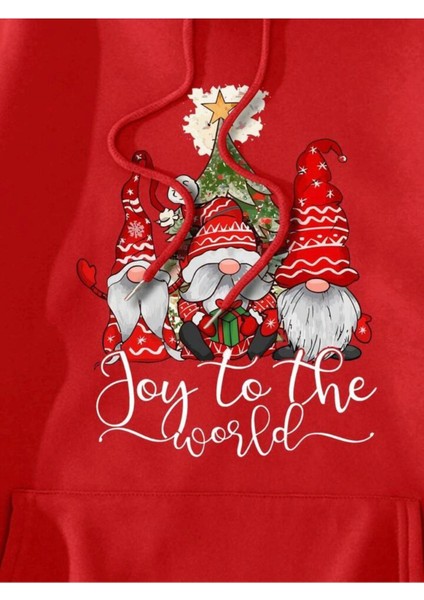 Christmas Geyik Baskılı Kırmızı Kapşonlu Sweatshirt