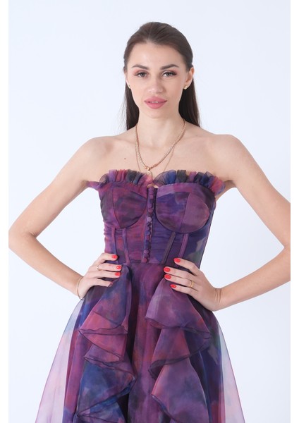 Mor Straplez Yaka Yırtmaçlı Eteği Fırfırlı Abiye 9705163.03 fırsatları