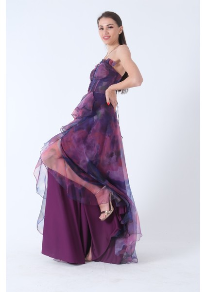 Mor Straplez Yaka Yırtmaçlı Eteği Fırfırlı Abiye 9705163.03 modelleri