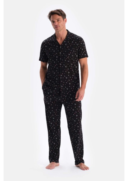 Siyah Metraj Baskılı Pamuk Modal Gömlek Pantolon Pijama Takımı