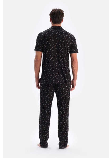 Siyah Metraj Baskılı Pamuk Modal Gömlek Pantolon Pijama Takımı