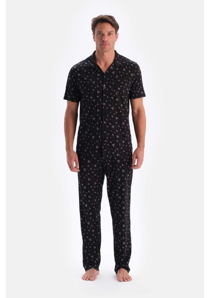 Siyah Metraj Baskılı Pamuk Modal Gömlek Pantolon Pijama Takımı