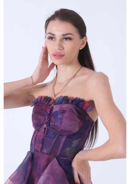 Mor Straplez Yaka Yırtmaçlı Eteği Fırfırlı Abiye 9705163.03 indirimleri