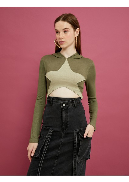 Kapşonlu Crop Bluz Uzun Kollu Asimetrik Kesim Renk Bloklu Yıldız Aplike Detaylı modelleri