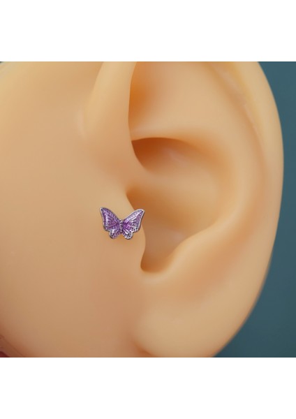 Mor Kelebekli Piercing Helix Kıkırdak Conch Lob Silver