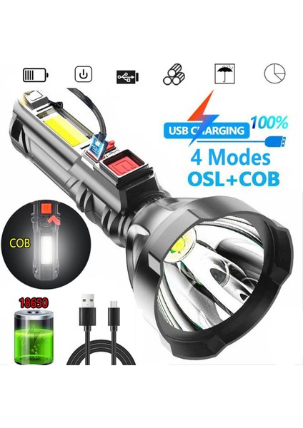 【eğlenceli Lıve】 LED El Feneri Cob Spot Işığı Taktik Işık 18650 Torch USB Şarj Edilebilir Lamba 4 Aydınlatma Modu ile Açık Su Geçirmez El Lambası (Yurt Dışından)