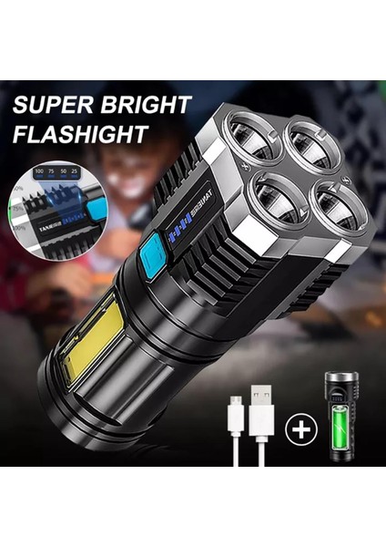 Süper Güçlü LED El Feneri Taktik Torch USB Şarj Edilebilir Su Geçirmez Lamba Ultra Parlak Fener Kamp 4 Çekirdekli Cips (Yurt Dışından)