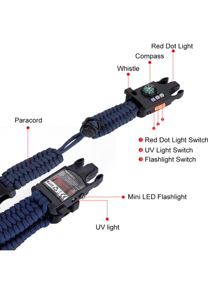 Taşınabilir Hayatta Kalma Ekipmanı Kiti Düdük Toka Paracord LED El Feneri Pusula ☆ (Yurt Dışından)