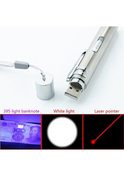 3'ü 1 Arada USB Şarj Edilebilir LED El Feneri / Güçlü Mini LED Torch Su Geçirmez Tasarım Penlight Uv Işık Banknot / Lazer Işaretçi Işığı (Yurt Dışından)