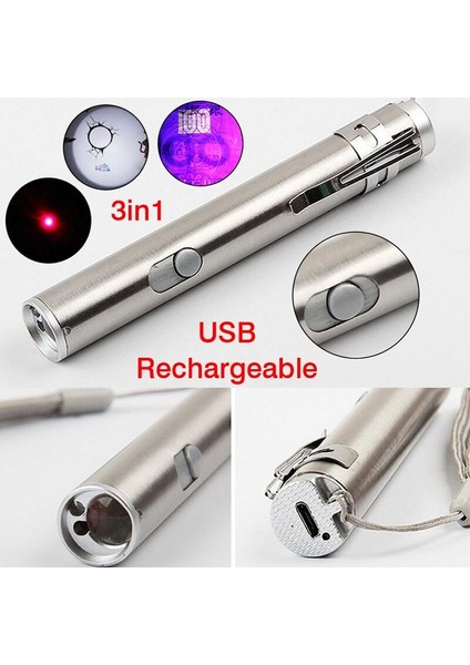 3 In1 500LM Mini USB Şarj Edilebilir LED Lazer Uv Torch Kalem El Feneri Çok Fonksiyonlu Lamba Pil ile Açık Clh @ 8 (Yurt Dışından)