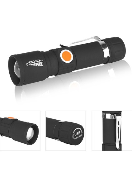 Mod LED Taktik El Feneri Zumlanabilir Odak Torch Kuyruk USB Şarj Çalışma Işığı Cep Klipsi Kullanışlı Işık Dahili Pil (Yurt Dışından)
