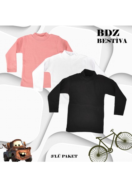 3 Lü Paket Unisex Pamuklu Ligralı Yarım Balıkçı Yaka Çocuk Body