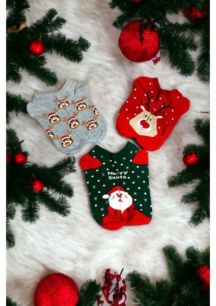 Unisex Yılbaşı Temalı 3'lü Patik Çorap Seti