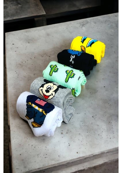 Unisex Renkli 5 Çift Desenli Fitilli Kolej Çorap Seti