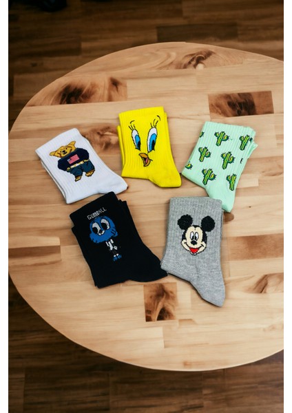 Unisex Renkli 5 Çift Desenli Fitilli Kolej Çorap Seti modelleri