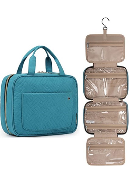 Yüksek Kapasiteli Makyaj Çantası Asılı Su Geçirmez Tuvalet Saklama Torbaları Katlanabilir Bayanlar Seyahat Kozmetik Çantası Mavi-Yeşil (Yurt Dışından)