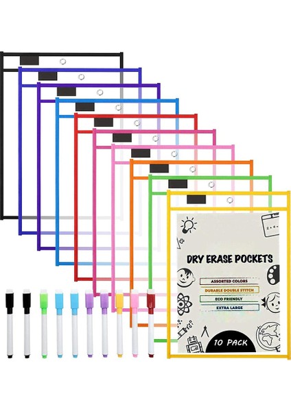 Kuru Silme Cepli Kolluklar, (10 Paket) A4 Kağıt Iş Bileti Tutucuları, Sınıf Çalışma Sayfaları Için Yeniden Kullanılabilir Kuru Silme Sayfaları (Yurt Dışından)