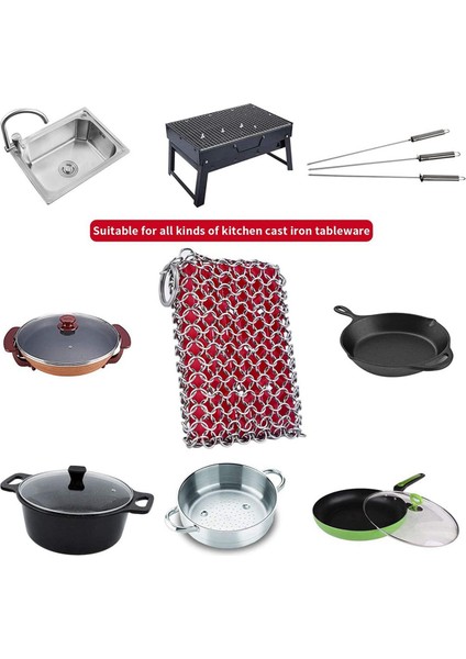 2x Dökme Demir Tava Temizleyici, 316 Paslanmaz Çelik Zincirli Zırh Temizleme Scrubber Silikon Scrubber, (Kırmızı) (Yurt Dışından) modelleri