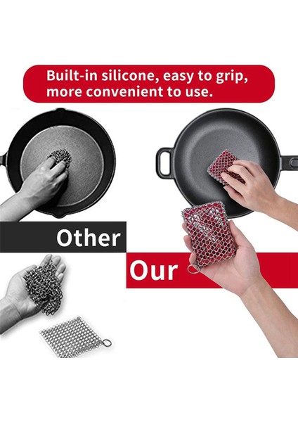 2x Dökme Demir Tava Temizleyici, 316 Paslanmaz Çelik Zincirli Zırh Temizleme Scrubber Silikon Scrubber, (Kırmızı) (Yurt Dışından) fırsatları