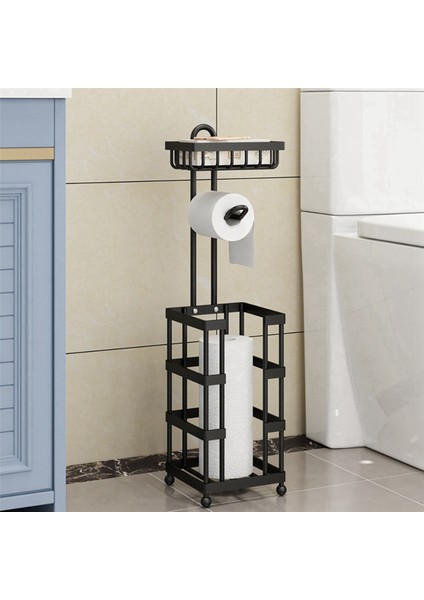2x Çok Fonksiyonlu Tuvalet Kağıdı Rulo Doku Tutucu Standı Banyo Serbest Daimi Depolama Banyo Aksesuarları Siyah A (Yurt Dışından)