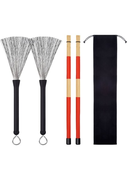 1 Çift Tambur Fırçaları Geri Çekilebilir Tel Fırçalar Tamburlar Davul Çubukları Fırça + 1 Çift Çubuklar Tambur Fırçaları Çubuklar Tambur Seti (Yurt Dışından)