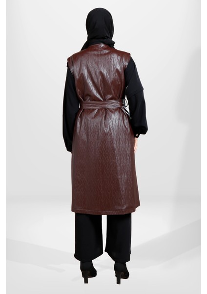 3819 Çıtçıtlı Tesettür Kahve Yelek Kap modelleri