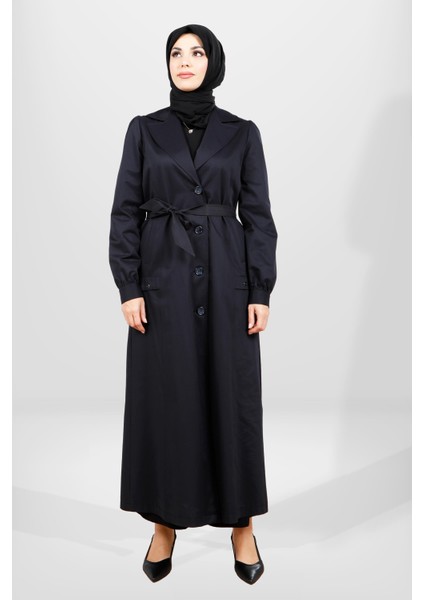 3839 Düğmeli Lacivert Tesettür Uzun Trençkot