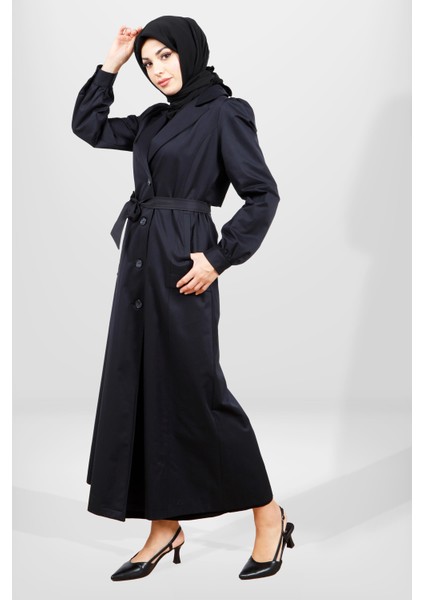 3839 Düğmeli Lacivert Tesettür Uzun Trençkot modelleri