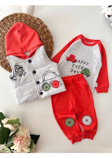 Erkek Bebek Yelekli Kapişonlu 3 lü takım - Turuncu