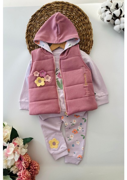 Papatya Desenli Kız Bebek 3 Lü Kışlık yelekli takım - Mor