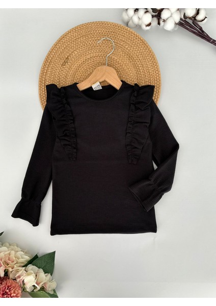 Fırfır Yakalı Fitilli Kız Çocuk sweat - Siyah