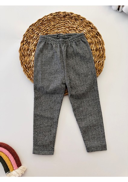 Kız Çocuk Balıksırtı Desenli Esnek Yün pamuklu tayt - Siyah