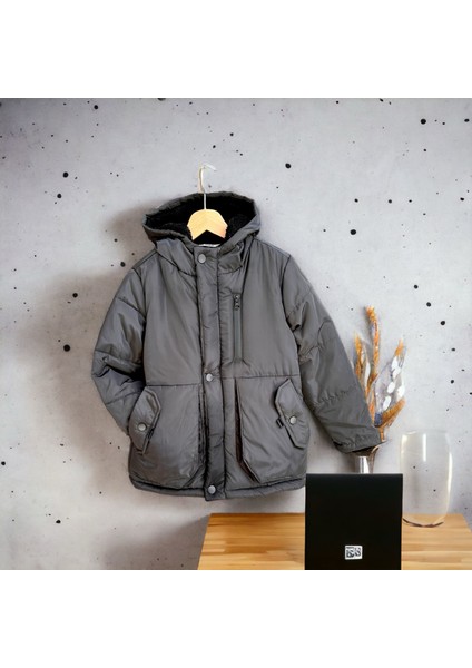 Kapişonlu Su Geçirmez Içi Welsoft Erkek Çocuk Mont - Antrasit