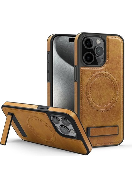 Apple iPhone 15 Plus Pu Deri Manyetik Çekim Braket Cep Telefonu Kılıfı (Yurt Dışından)