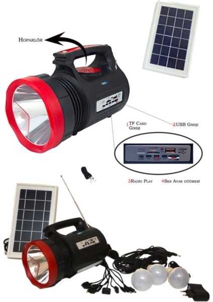 Fm Radyolu Mp3 Müzik Çalar Sdkart USB Bellek Güneş Enerjili Acil Durum Aydınlatma Solar Kamp 906 fiyatları