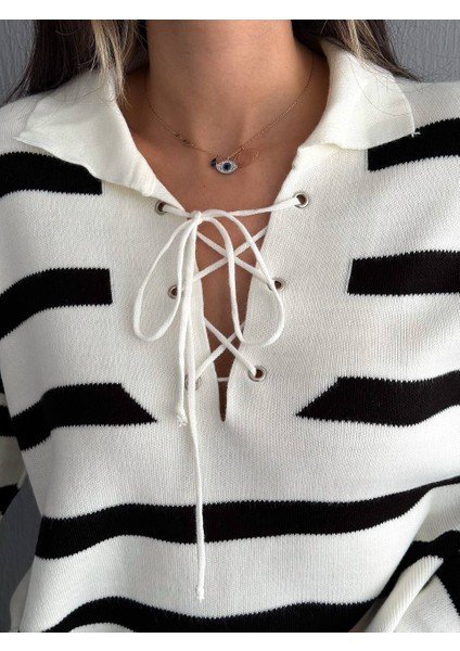 Standart Beden Çizgili Yaka Bağcık Detaylı Kuşgözü Triko Kazak fırsatları