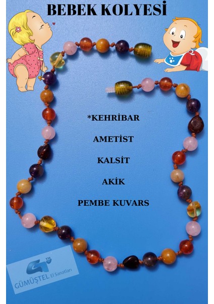 Sertifikalı Doğal Taş Bebek Kolyesi Kehribar, Ametist, Kalsit, Akik, Pembe Kuvars Bebek Kolye