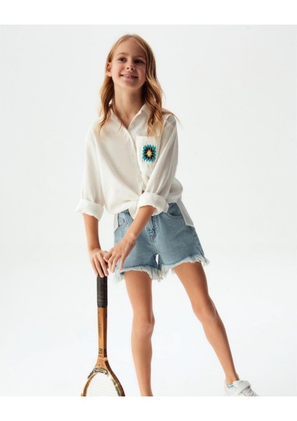 8-14 Yaş Kız Çocuk Işlemeli Keten Gömlek