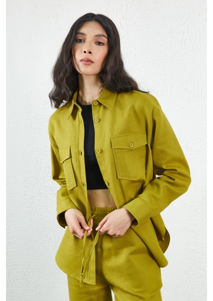 Olive Gabardin Ön Cep Detaylı Gömlek