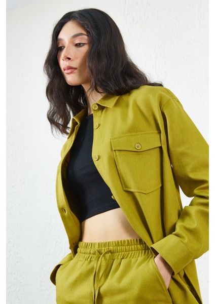 Olive Gabardin Ön Cep Detaylı Gömlek