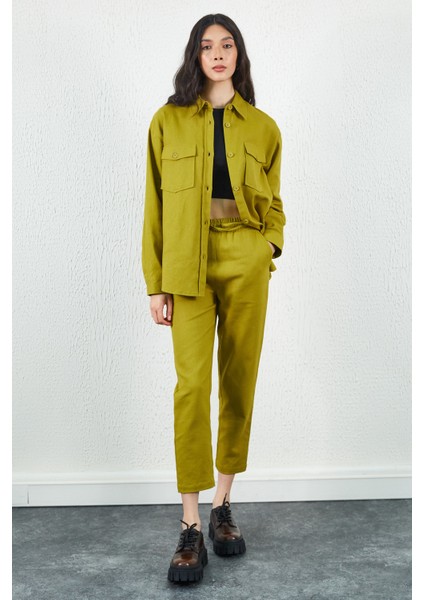 Olive Gabardin Ön Cep Detaylı Gömlek