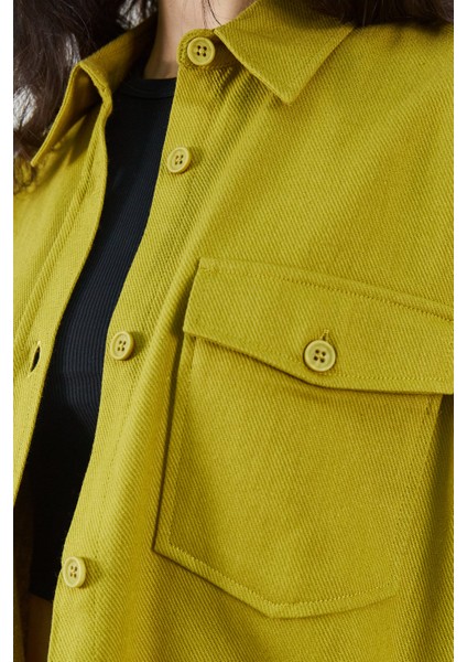 Olive Gabardin Ön Cep Detaylı Gömlek
