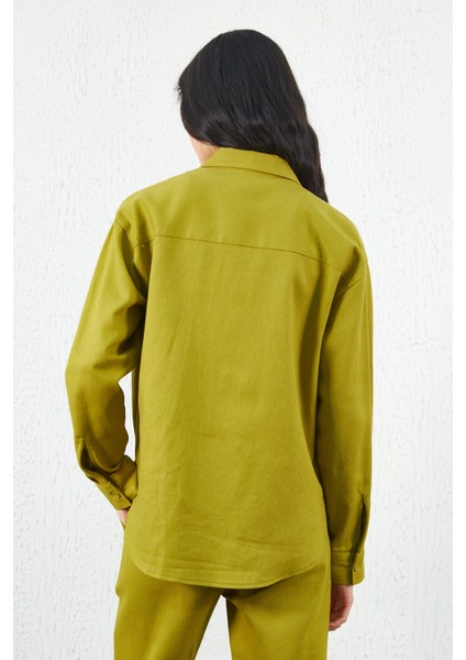 Olive Gabardin Ön Cep Detaylı Gömlek