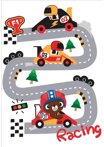 Yıkanabilir Kaymaz Taban Bambu Pamuk Dokuma Halı Yarış Arabası ve Yol Şeriti Desenli Çocuk Halısı fiyatları