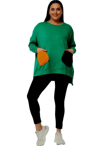Kadın Büyük Beden Renkli Cepli Ekstra Rahat Kalıp Yeşil Sweatshirt