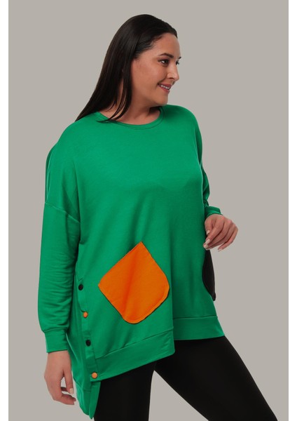 Kadın Büyük Beden Renkli Cepli Ekstra Rahat Kalıp Yeşil Sweatshirt