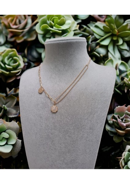 Kadın Sedef Taşlı Yonca Detaylı Çelik Kolye