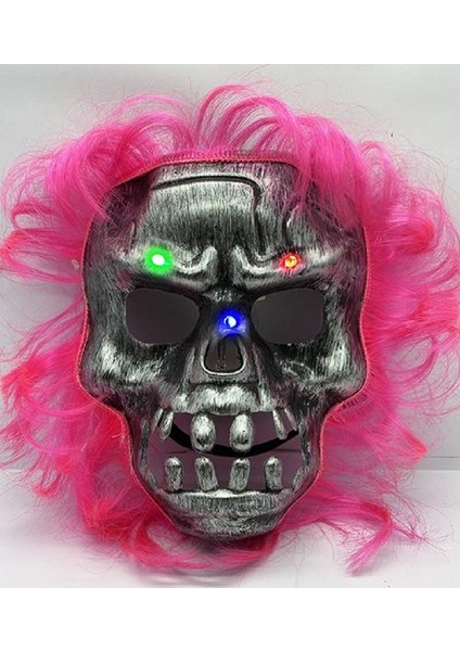 Pembe Saçlı LED Işıklı Kuru Kafa Korku Maskesi 22X25 cm