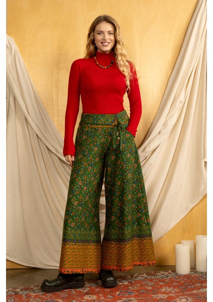Düşük Bel Düğmeli Bol Paça Pantolon