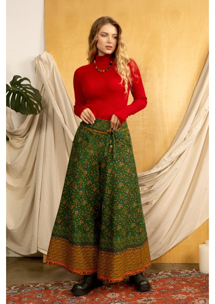 Düşük Bel Düğmeli Bol Paça Pantolon